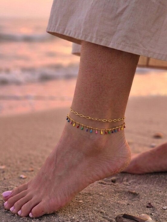Jewelry - Multicolor Layered Dangle Anklet Colorful Bead Drop Double Chain Beach Jewelry